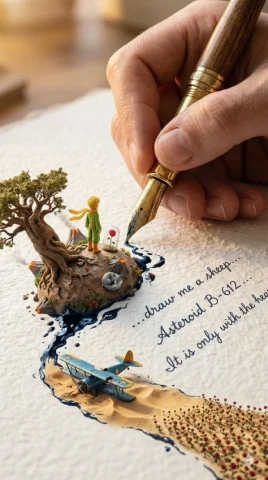 Giant Pen Writing a Miniature Story — Nano Banana 2 AI Prompt: A colossal hand gripping an enormous vintage fountain pen, captured in vertical...