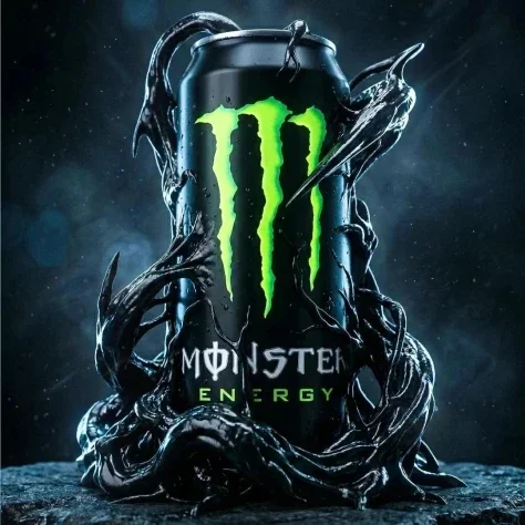 Dark Symbiote Product Photography — Nano Banana 2 AI Prompt: Cinematic ultra-high-end product photography of an official Monster Energy drink...