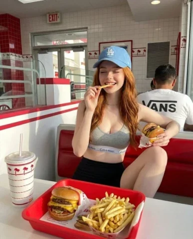 Red-Haired Girl in a Retro Burger Diner — Nano Banana 2 AI Prompt: { "prompt": "A young red-haired woman sitting inside a bright retro-style fast...