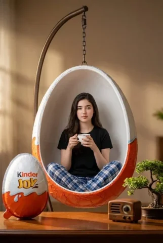 Giant Chocolate Egg Swing Portrait — Nano Banana 2 AI Prompt: A hyper-realistic, 8k, medium shot photograph captured with a standard lens and...