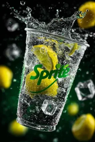 Floating Sprite Lemon Soda Cup — Nano Banana 2 AI Prompt: A transparent cup filled with fresh Sprite lemon soda floating in the air, surro...