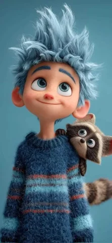 Blue-Haired Boy with Raccoon 3D — Nano Banana 2 AI Prompt: Cute stylized 3D animated boy with messy fluffy blue hair and big expressive eye...