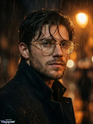 Rainy Noir Portrait with Round Glasses — Nano Banana 2 AI Prompt: Cinematic close-up portrait of a young man standing in heavy rain at night, wear...