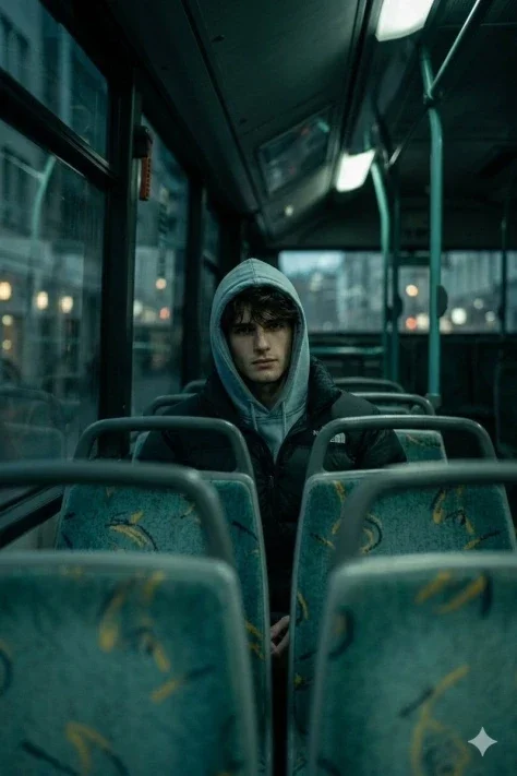Cool-Toned Bus Interior Gaze