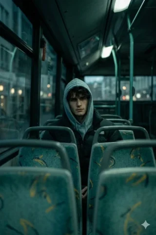 Cool-Toned Bus Interior Gaze — Nano Banana 2 AI Prompt: Create A deeply atmospheric and cinematic interior shot, captured from a slightl...