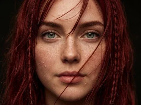 Wet Red Hair Blue-Green Eye Close-Up — Nano Banana 2 AI Prompt: Using the uploaded image as the only reference. create an ultra-photorealistic c...
