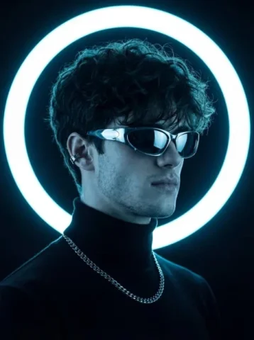 Icy Blue Neon Halo Portrait — Nano Banana 2 AI Prompt: captured in a dark studio environment with a strong minimalist and futuristic ae...