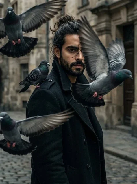 Cinematic Man Among Pigeons