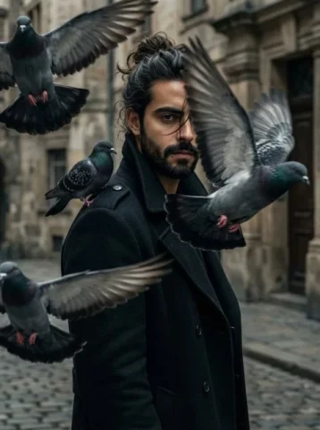 Cinematic Man Among Pigeons — Nano Banana 2 AI Prompt: 48k Hyper-realistic, A cinematic portrait of a young man(keep the facial feature...