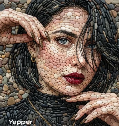 Pebble Mosaic Portrait — Nano Banana 2 AI Prompt: A highly detailed pebble mosaic portrait of a beautiful woman, where the entire...