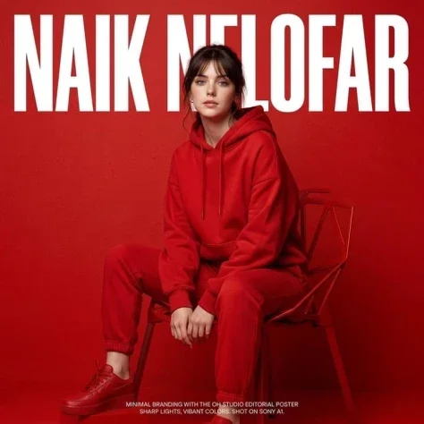 Red Fashion Editorial Poster — Nano Banana 2 AI Prompt: Studio fashion editorial poster of a young woman standing confidently at the cen...