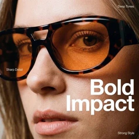 Amber Sunglasses Extreme Editorial Close-Up — Nano Banana 2 AI Prompt: An extreme close-up, high-fashion editorial portrait focusing on the right side...