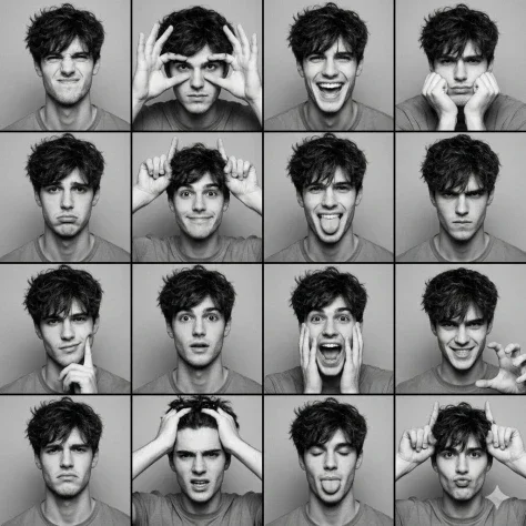 Black-and-White 4x4 Photobooth Expression Grid — Nano Banana 2 AI Prompt: { "generation_request": { "meta_data": { "task_type": "black_and_white_photob...