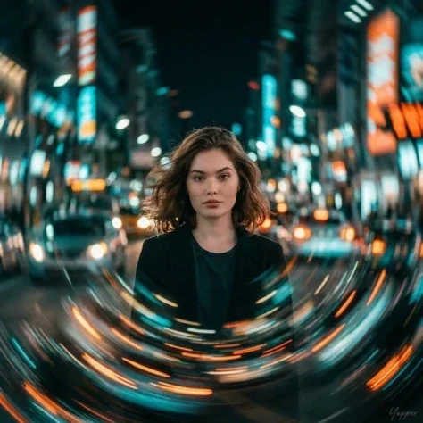 City Spiral Motion Blur Portrait — Nano Banana 2 AI Prompt: cinematic portrait of a young woman standing perfectly still as the city around...