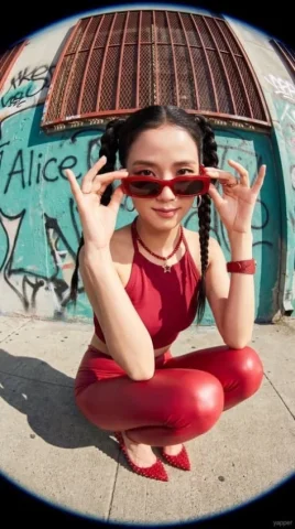 Cobalt Fisheye Streetwear Portrait — Nano Banana 2 AI Prompt: Generate a highly detailed, photorealistic 8K streetwear fashion portrait of Ros...