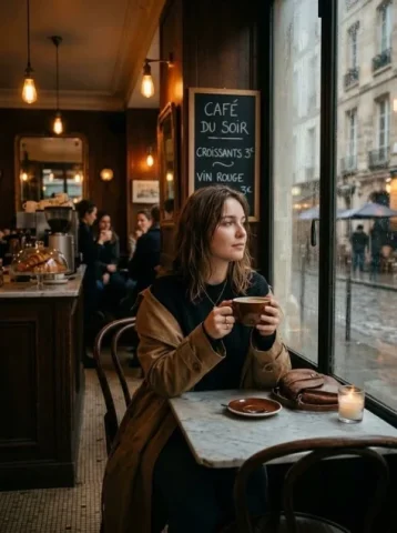 Rainy Parisian Café Window Scene — Nano Banana 2 AI Prompt: Cinematic photo of a young woman sitting alone in a cozy Parisian café on a rain...