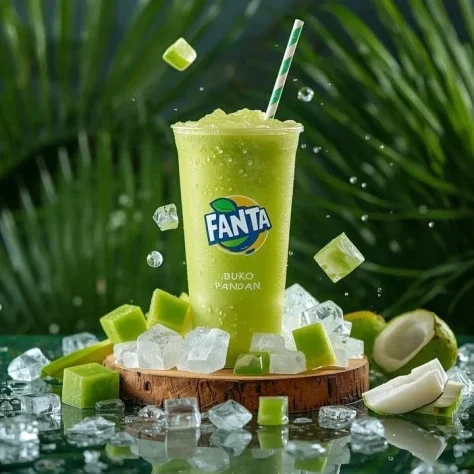 Fanta Buko Pandan Tropical Drink Ad — Nano Banana 2 AI Prompt: Ultra-realistic commercial product photography of a cold green tropical drink in...