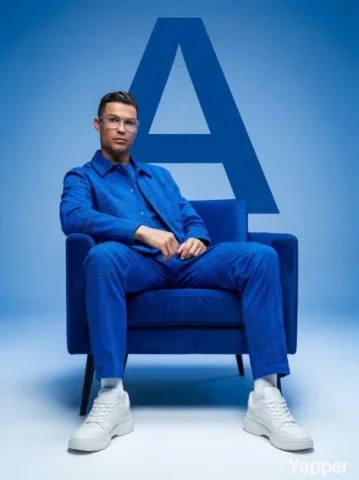 Cobalt Blue Geometric A Fashion Studio Shoot — Nano Banana 2 AI Prompt: Minimalist fashion studio photoshoot featuring stylish people sitting confidentl...