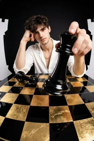 Fisheye Chess Queen Fashion Editorial — Nano Banana 2 AI Prompt: Creative fashion photography with distorted perspective (wide-angle lens/fisheye...