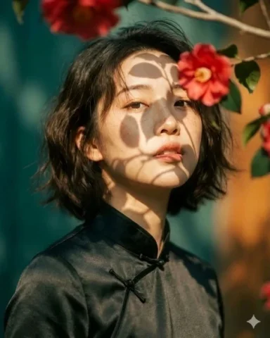 Black Qipao Portrait Among Red Camellias — Nano Banana 2 AI Prompt: Artistic portrait of an elegant Asian woman wearing a black silk cheongsam (qipa...