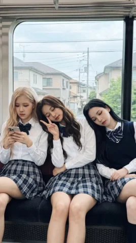 Three K-Pop Idols in School Uniforms on a Train — Nano Banana 2 AI Prompt: { "prompt": "Three K-pop idols sitting on a train. Left girl is Rosé with pale s...