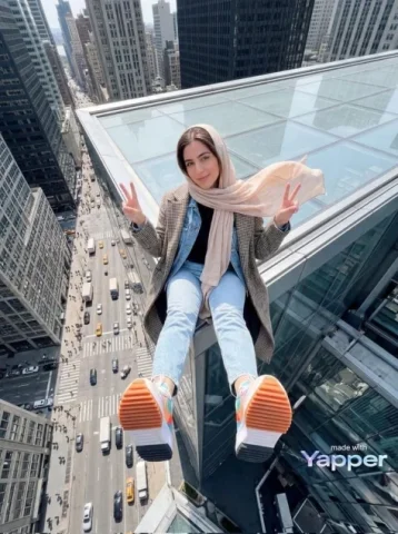 Top-Down Skyscraper Rooftop City Portrait — Nano Banana 2 AI Prompt: { "image_generation": { "subject": { "description": "young woman sitting at the...