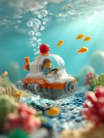 LEGO Underwater Fish Macro Scene — Nano Banana 2 AI Prompt: Surrounding the submarine are multiple small bright yellow LEGO fish swimming at...
