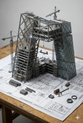Building Rising From Blueprint — Nano Banana 2 AI Prompt: An architectural blueprint of {BUILDING_NAME} placed on a {SURFACE}, with a phot...