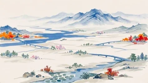 Blue and Orange Distant Landscape — Nano Banana 2 AI Prompt: Create a distant mountain-and-water landscape painting using #f6f4f0 as the main...