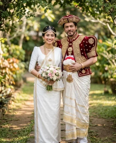 Sri Lankan Kandyan Wedding Couple — Google Imagen AI Prompt: Create a highly realistic couple portrait style of the referenced male and femal...