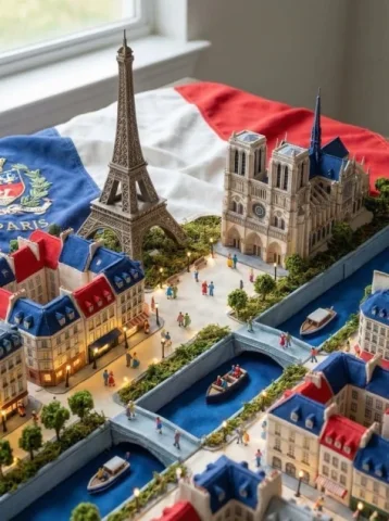 Paris Flag Miniature Landmark City — Nano Banana 2 AI Prompt: Photorealistic hero product photography shot on Sony A7III with 85mm f/1.4 lens...