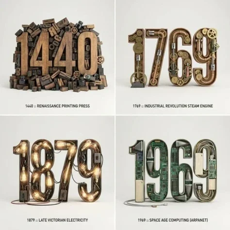 Historic Inventions 3D Typographic Grid — Nano Banana 2 AI Prompt: 2x2 grid, do this for 4 important years in history and their most important inve...
