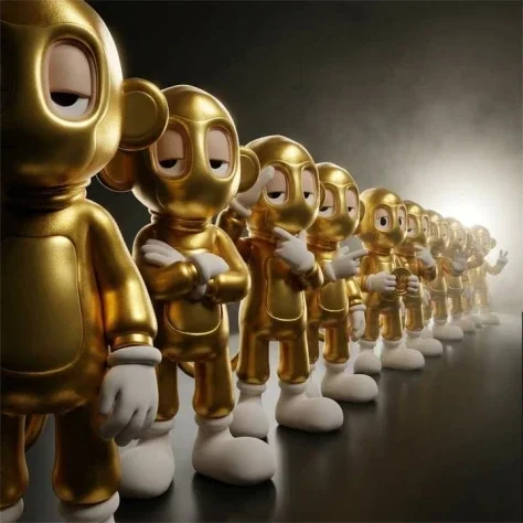 Diagonal Vinyl Toy Procession — Nano Banana 2 AI Prompt: A detailed, collectible-style 3D render of a linear procession of twelve identic...