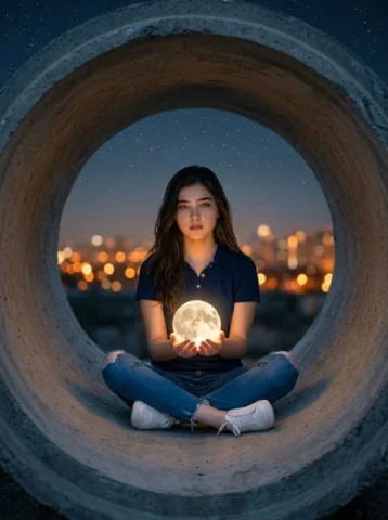 Moon in Concrete Pipe Portrait — Nano Banana 2 AI Prompt: Hyper-realistic surreal photography of a woman sitting inside a massive, rough c...