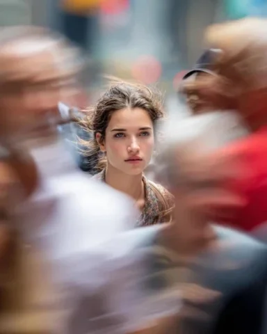 New York Street Telephoto Close-Up — Nano Banana 2 AI Prompt: Model looking at camera, close up of face, busy New York street, motion blurred...