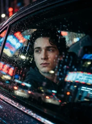 Rainy Car Window Night Portrait — Nano Banana 2 AI Prompt: Create a highly cinematic and realistic photo of a person using the face from th...