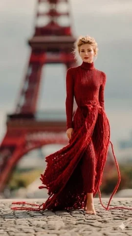 Eiffel Tower Wrapped in Red Yarn — Nano Banana 2 AI Prompt: The Eiffel Tower is wrapped in an unreal, surreal layer of vibrant red yarn, as...