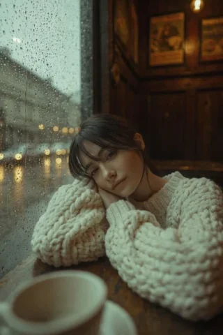 Rainy Café Cable-Knit Portrait — Nano Banana 2 AI Prompt: A cinematic, high-resolution portrait of a young woman with dark hair and soft b...