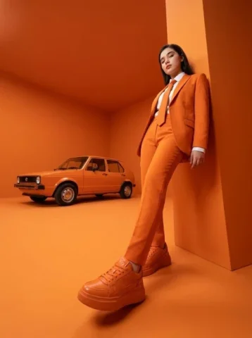 Monochrome Orange Fashion Editorial — Nano Banana 2 AI Prompt: High-fashion editorial photography of a woman with the uploaded face as referenc...