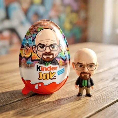 Kinder Joy Chibi Figurine Product Photo — Nano Banana 2 AI Prompt: A hyper-realistic product photo of a Kinder Joy surprise egg sitting on a wooden...