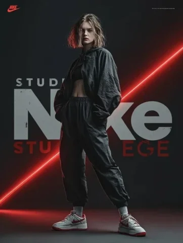 Nike Lumina Futuristic Fashion Ad — Nano Banana 2 AI Prompt: A dynamic fashion advertisement for Nike showing a hyper-realistic model mid-twi...