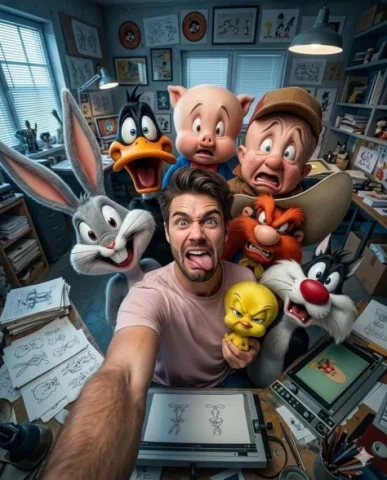 Ultra-Wide Studio Selfie with Looney Characters — Nano Banana 2 AI Prompt: Ultra-realistic 4:5 vertical format ultra wide angle 13mm selfie of me with Bugs...