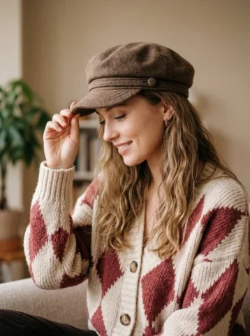 Autumn Baker Boy Cap Knit Portrait — Nano Banana 2 AI Prompt: A warm, cozy, and high-quality portrait of a young woman with long, wavy blonde-...
