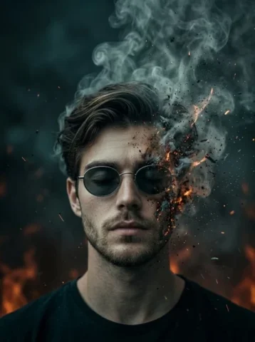 Smoke and Ember Disintegration Portrait — Nano Banana 2 AI Prompt: A surreal cinematic portrait of a young man with oval sunglasses, eyes closed, c...