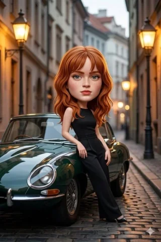 3D Caricature Beside Vintage Car — Nano Banana 2 AI Prompt: Use the uploaded image as the primary subject reference. Transform the person in...