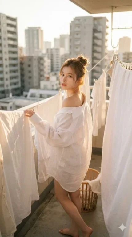 Balcony White Shirt Golden Backlight