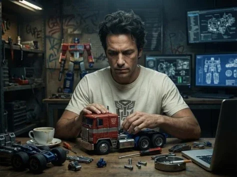 Optimus Toy Workshop — Nano Banana 2 AI Prompt: { "title": "Optimus Prime Toy Assembly Workshop", "style": "Hyper-realistic cine...