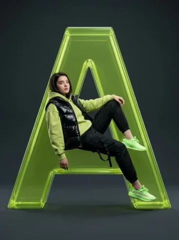 Lime Glass Letter A — Nano Banana 2 AI Prompt: Full-body studio fashion portrait of a female subject with uploaded face as refe...