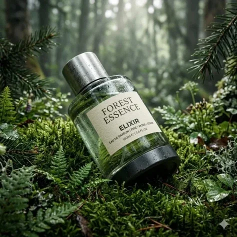 Forest Essence Perfume — Nano Banana 2 AI Prompt: Ultra-realistic premium fragrance product shot of a perfume bottle (Forest Essen...