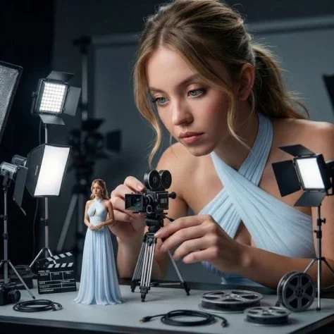Giant Filmmaker Studio — Nano Banana 2 AI Prompt: A hyper-realistic cinematic scene of a giant woman filmmaker carefully adjusting...